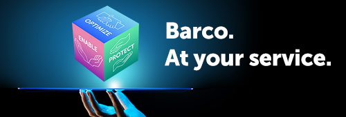 Barco services icon: Enable, Protect, Optimize, with copy "Barco. At your service"