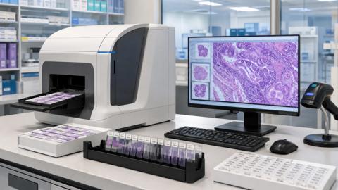 A digital slide scanner sits on a lab counter with a monitor displaying histology images. There are organized sample slides in front of the scanner, and the lab is well-lit and tidy.