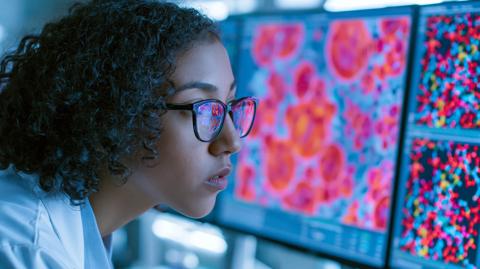 A lab technician analyzing blood cells on a monitor with colorful molecular data nearby, studying rheumatoid arthritis markers, focused mood, cool fluorescent lighting, close-up composition.