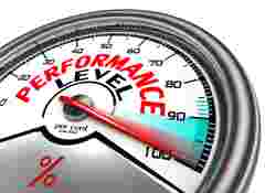 performance level conceptual meter indicate hundred per cent, isolated on white background