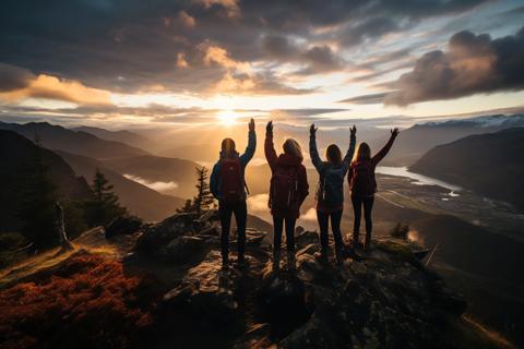 Hikers enjoying golden hour landscape view over the mountains.