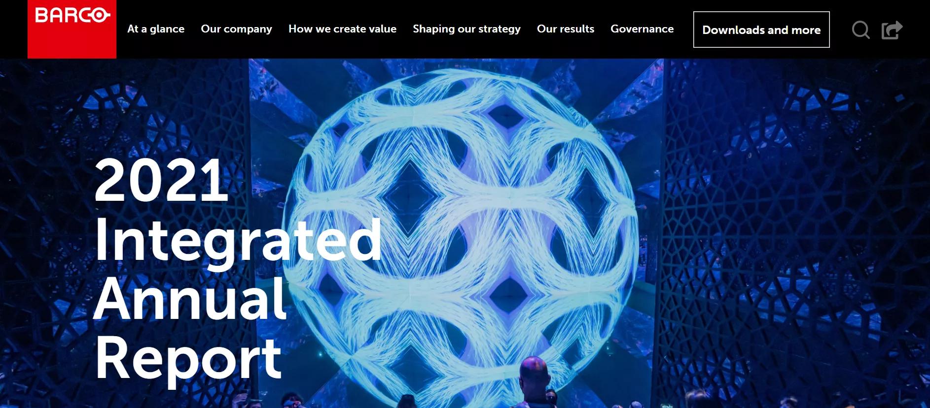 Printscreen of the homepage of Barco's 2021 annual integrated report