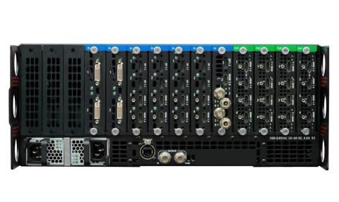 rear view of connector panel, phase 1 version with two DVI in cards and four combo cards DVI-HDMI