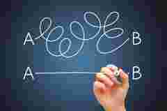 Hand drawing a conceptual diagram about the importance to find the shortest way to go from point A to point B, or a simple solution to a problem.
