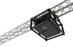 UDM projector in rental frame mounted on truss