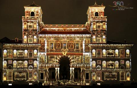 Projection mapping onto internal facade of the Villa Medici, telling the (hi)story of the French Academy