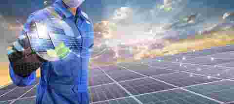 stock image of electricity solar panels worker nomowmay