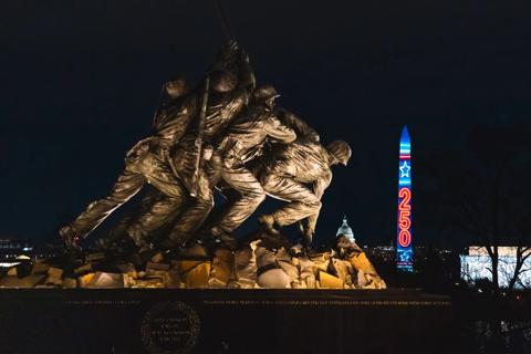 Projection mapping on Washington Monument on New Year's Eve 2026 celebrating start of Freedom 250 powered by Barco QDX and UDX projectors
