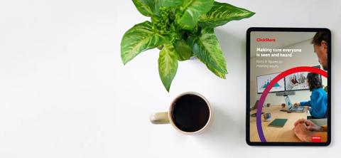 Office desk table with tablet,coffee cup ,pencil ,flower ,notepad on white desk. Top view with copy space.