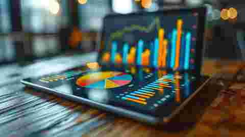 An image of a 3D pie chart and bar graphs floating above a digital tablet, used by a financial analyst in a modern office