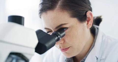 Microscope, science or woman in lab for experiment, pathology study or virus investigation for cure. Tech, examine or scientist with sample for pharma development, medical research or clinical trial.