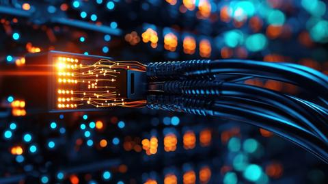 Close-up of data cables connected to a server. Concept of high-speed internet, data transfer, and modern communication technologies.