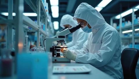 Scientist in protective suit uses microscope for medical research. Technician examines sample in lab. Team works on new drug discovery. Science research facility, in operation.
