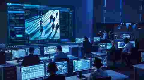 Team of Professional Cyber Security Data Science Engineers Work on Surveillance Tracking Shot of People Walking on City Streets. Big Dark Control and Monitoring Room with Computer Displays. military & government