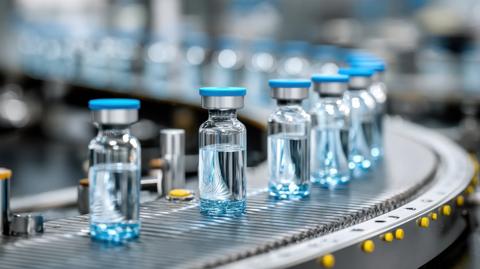 Pharmaceutical production line with vaccine vials on a conveyor belt. --ar 16:9 --raw --v 7 Job ID: d3f06bc9-839c-4c81-add8-42d2e7e54f38