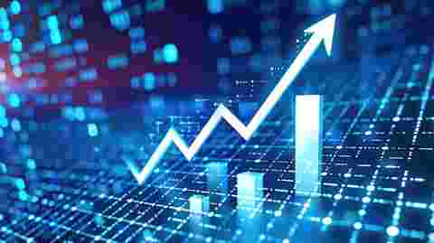 Financial growth visualization. Arrow up and stock market bars on digital background, illustrating success and investment in business and finance Ai generative.