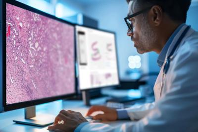 A man in a lab coat is looking at two computer monitors displaying graphs and charts. He is focused on the data and possibly analyzing it