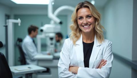 Smiling female eye doctor stands confidently in modern clinic. Two male colleagues work with eye exam machine in background. She wears white, lab coat. Healthcare and vision care.