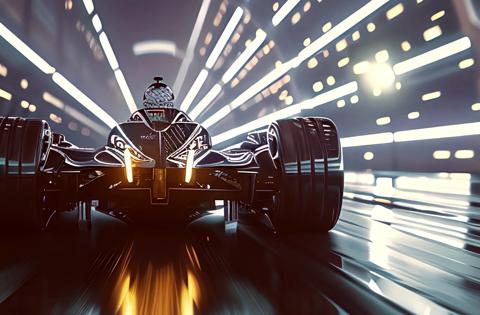 a racing car zooms through a neon-lit rally, showcasing a hz refresh rate, with bright green and black colors and traffic lights ahead