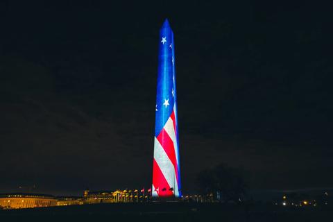Projection mapping on Washington Monument on New Year's Eve 2026 celebrating start of Freedom 250 powered by Barco QDX and UDX projectors
