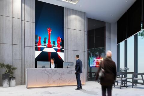 Reception waiting area lobby with wall decorate sales gallery on white marble floor and table with chair 3d rendering