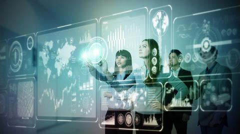 video wall management suite image woman touch screen futuristic video wall  stock image