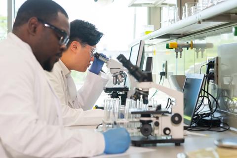 Scientist and students working in lab. Doctor teaching interns to make analyzing research. Laboratory tools: microscope, test tubes, equipment. Biotechnology, chemistry, bacteriology, virology, dna and health care concept.