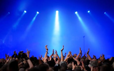 audience on a rock concert raising hands