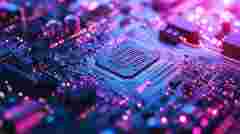 A detailed close-up of a microchip circuit board with vibrant colors and intricate patterns.