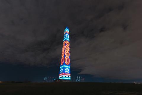 Projection mapping on Washington Monument on New Year's Eve 2026 celebrating start of Freedom 250 powered by Barco QDX and UDX projectors