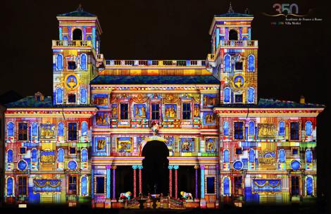 Projection mapping onto internal facade of the Villa Medici, telling the (hi)story of the French Academy