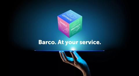 Campaign visual Barco. At your service. hand, cube, tablet