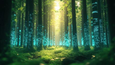 Glowing forest of data pillars replaces trees, growing green leaves and grass. A vision of AI and technology creating sustainable ecosystems and regenerating the planet