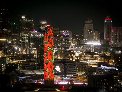 Pictures Customer story for Poppy Remembrance projection mapping at the National WWI Museum and Memorial in Kansas City, Missouri done by DWP during the NFL Draft 2023