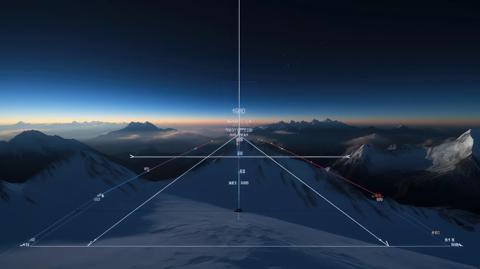 Future flight simulation perspective showing a head up display overlay with navigation data while flying over snow covered mountains during the blue hour with a clear sky