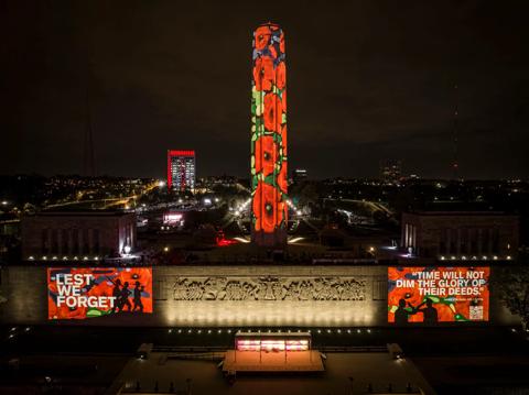 Pictures Customer story for Poppy Remembrance projection mapping at the National WWI Museum and Memorial in Kansas City, Missouri done by DWP during the NFL Draft 2023