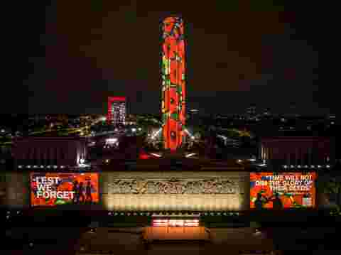 Pictures Customer story for Poppy Remembrance projection mapping at the National WWI Museum and Memorial in Kansas City, Missouri done by DWP during the NFL Draft 2023