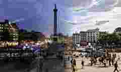Two photographs of Trafalgar Square merged together to show the transition from night to day in a single image.